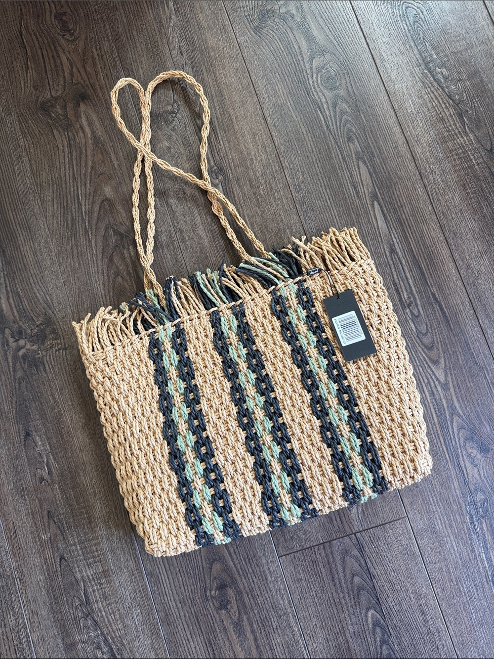 Dejavu NWT Woven Straw Tote Bag with Navy and Teal Stripe Accents Zip Closure